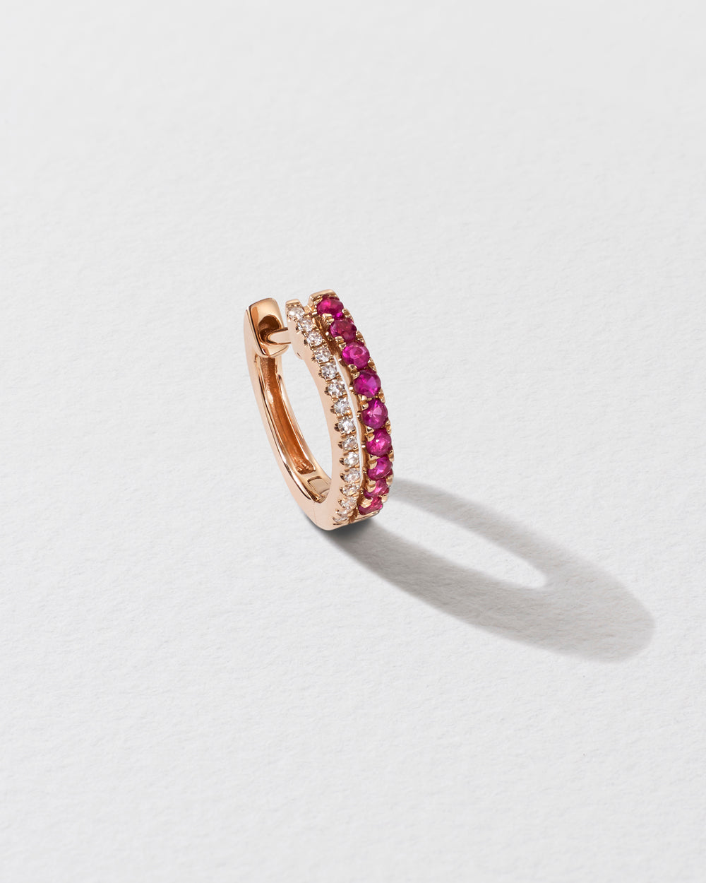 Double Diamond & Pink Sapphire Row Hoop Earring