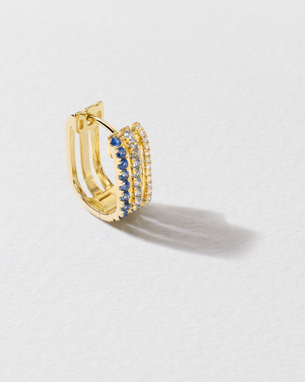Triple Diamond & Blue Sapphire Row Hoop Earring