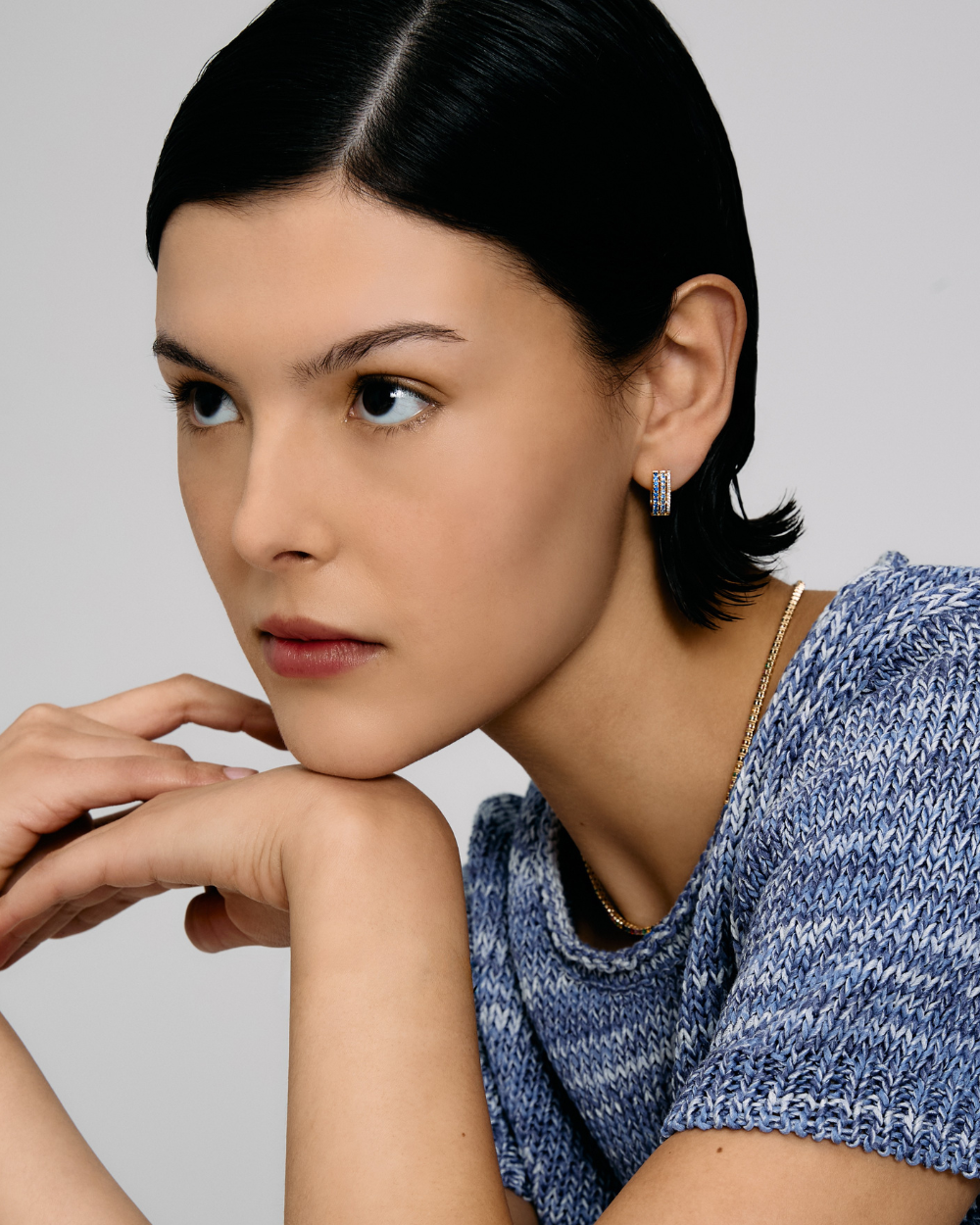 Triple Diamond & Blue Sapphire Row Hoop Earring