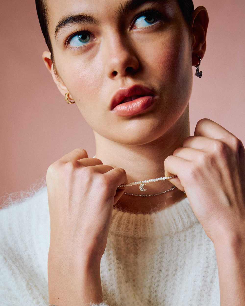 Baby Potato Pearl & Diamond Moon Necklace