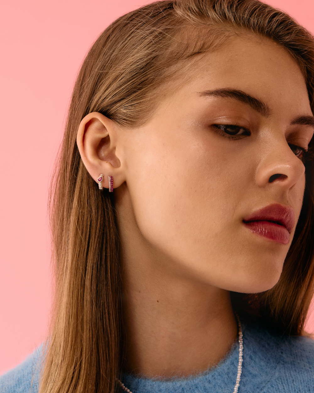 Double Diamond & Pink Sapphire Row Hoop Earring