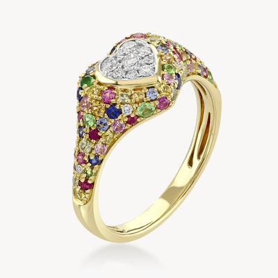 Rainbow Sapphire & Diamond Puffy Heart Ring