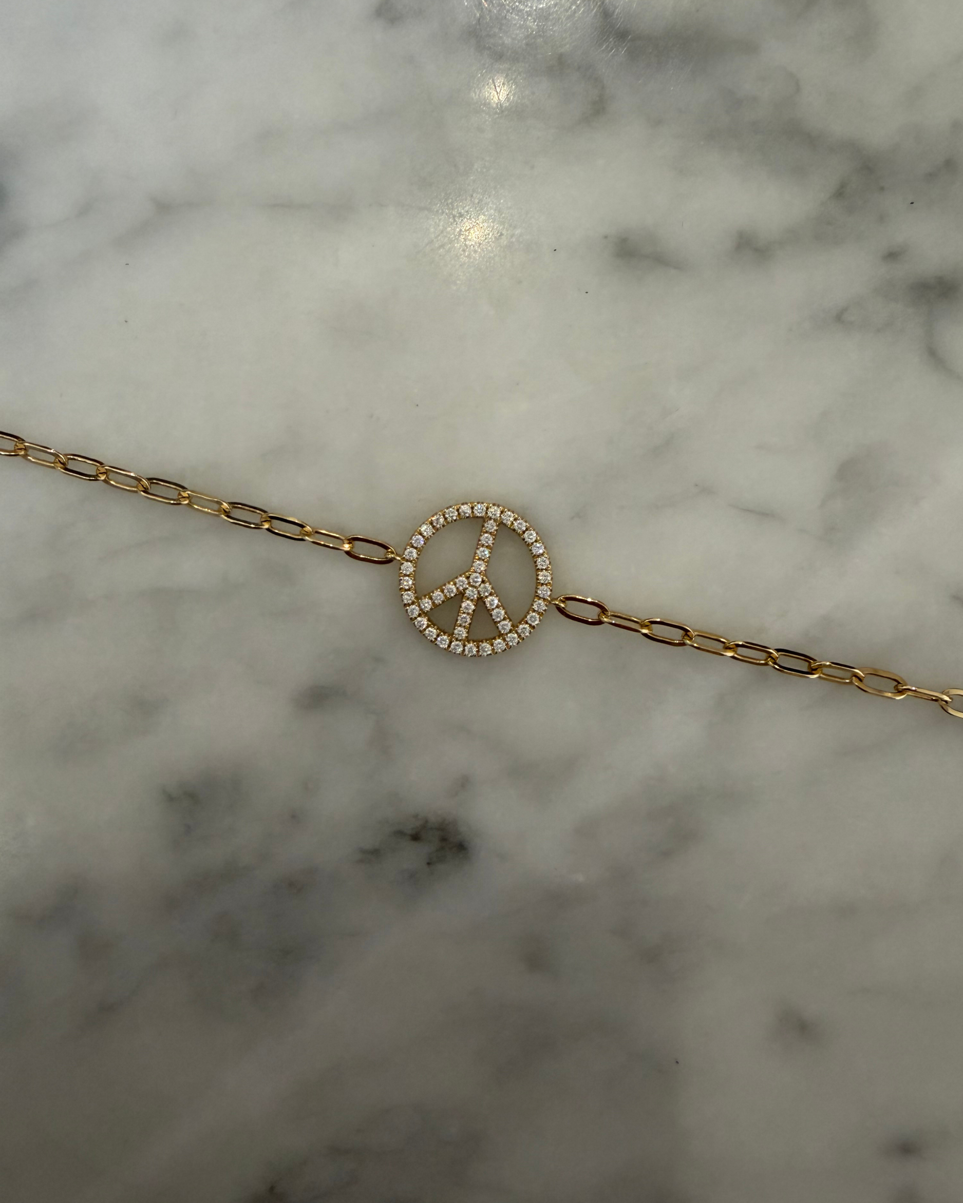 Chunky Gold and Diamond Peace Sign Bracelet