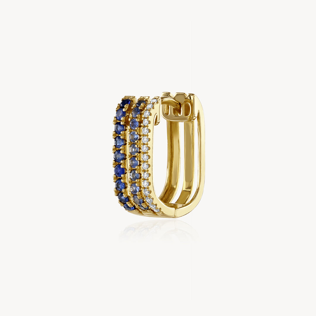 Triple Diamond & Blue Sapphire Row Hoop Earring