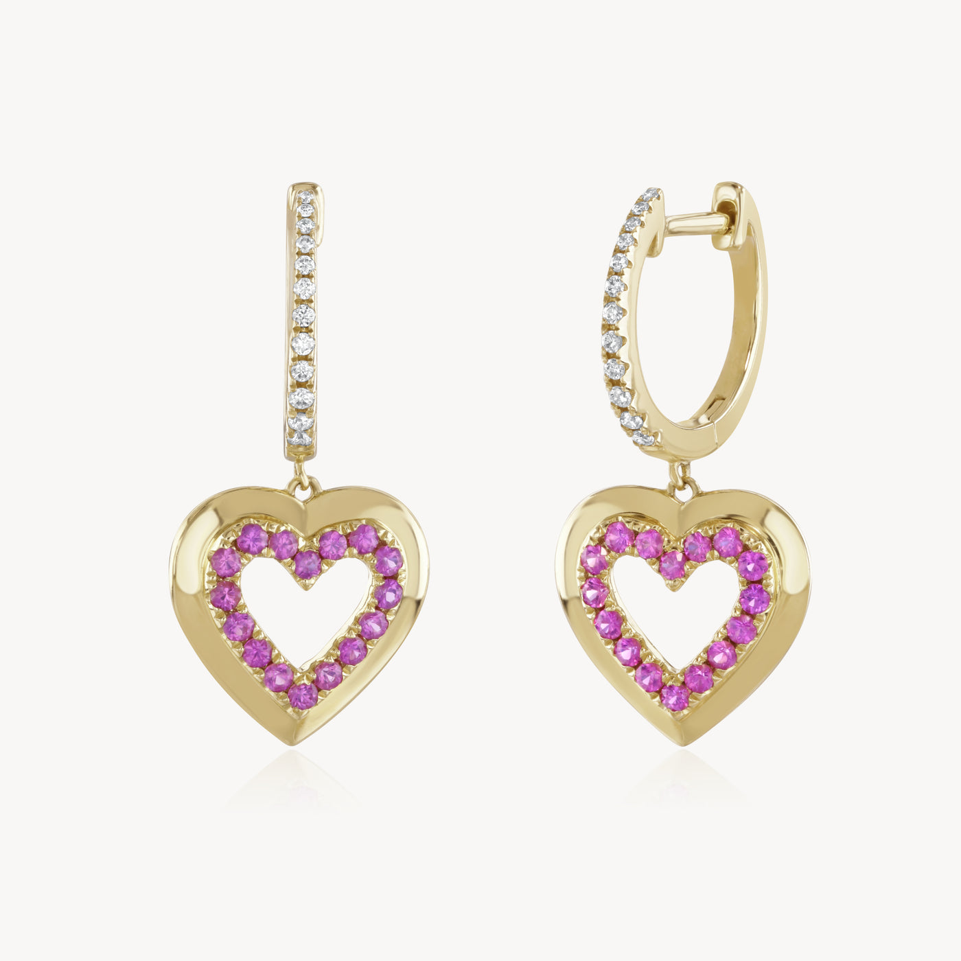 Diamond Hoop Earring With Pink Sapphire Heart Drops