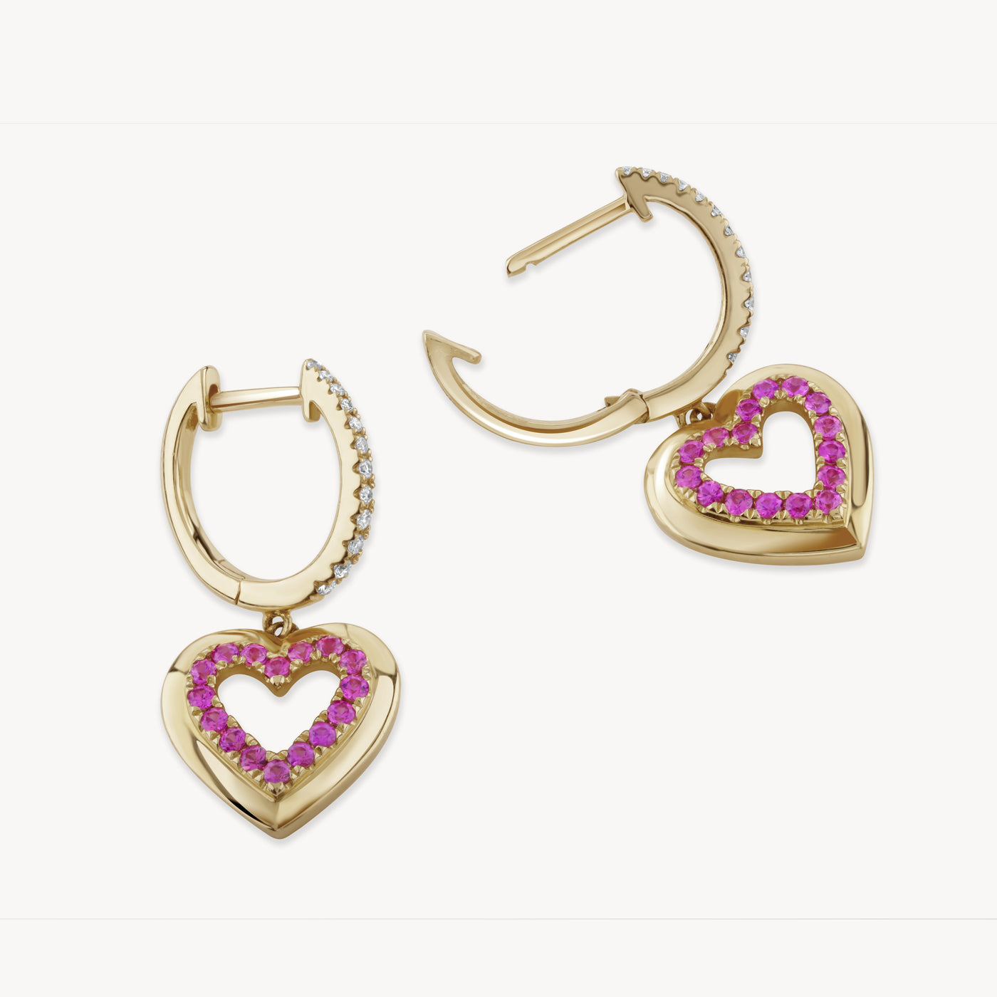 Diamond Hoop Earring With Pink Sapphire Heart Drops