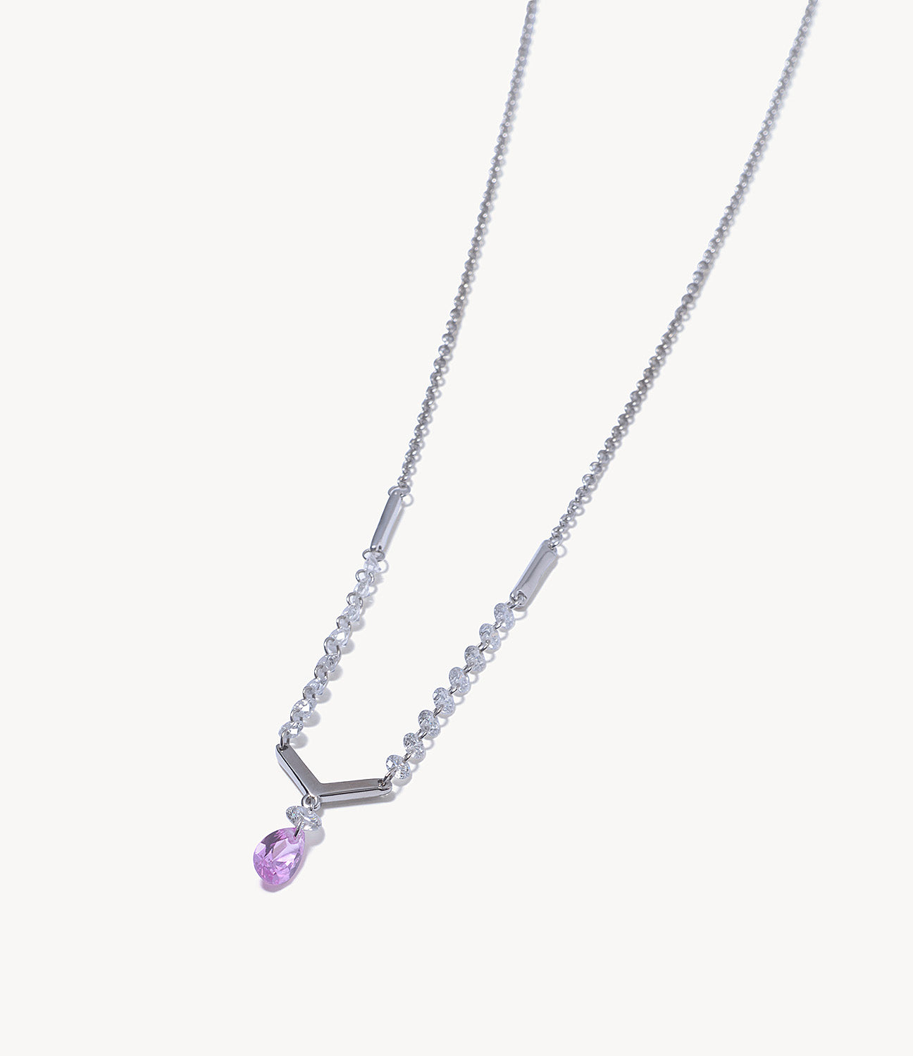 Pink Sapphire Teardrop Necklace with Drilled Diamond Chain