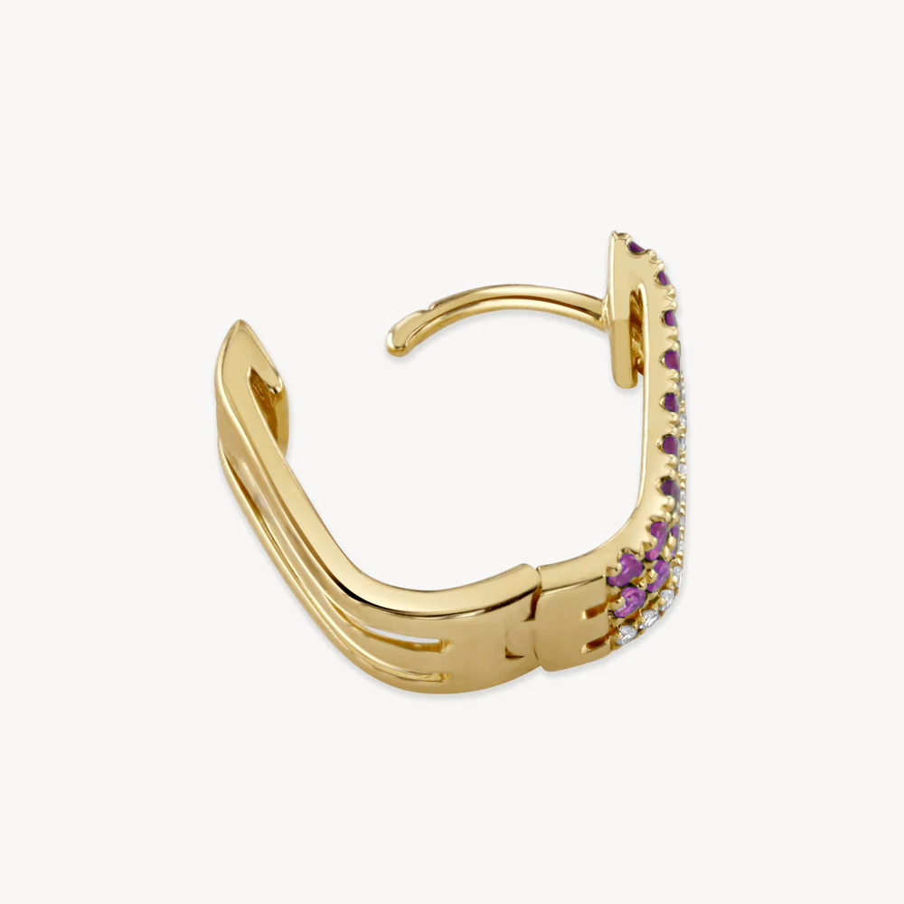 Triple Diamond & Pink Sapphire Row Hoop Earring