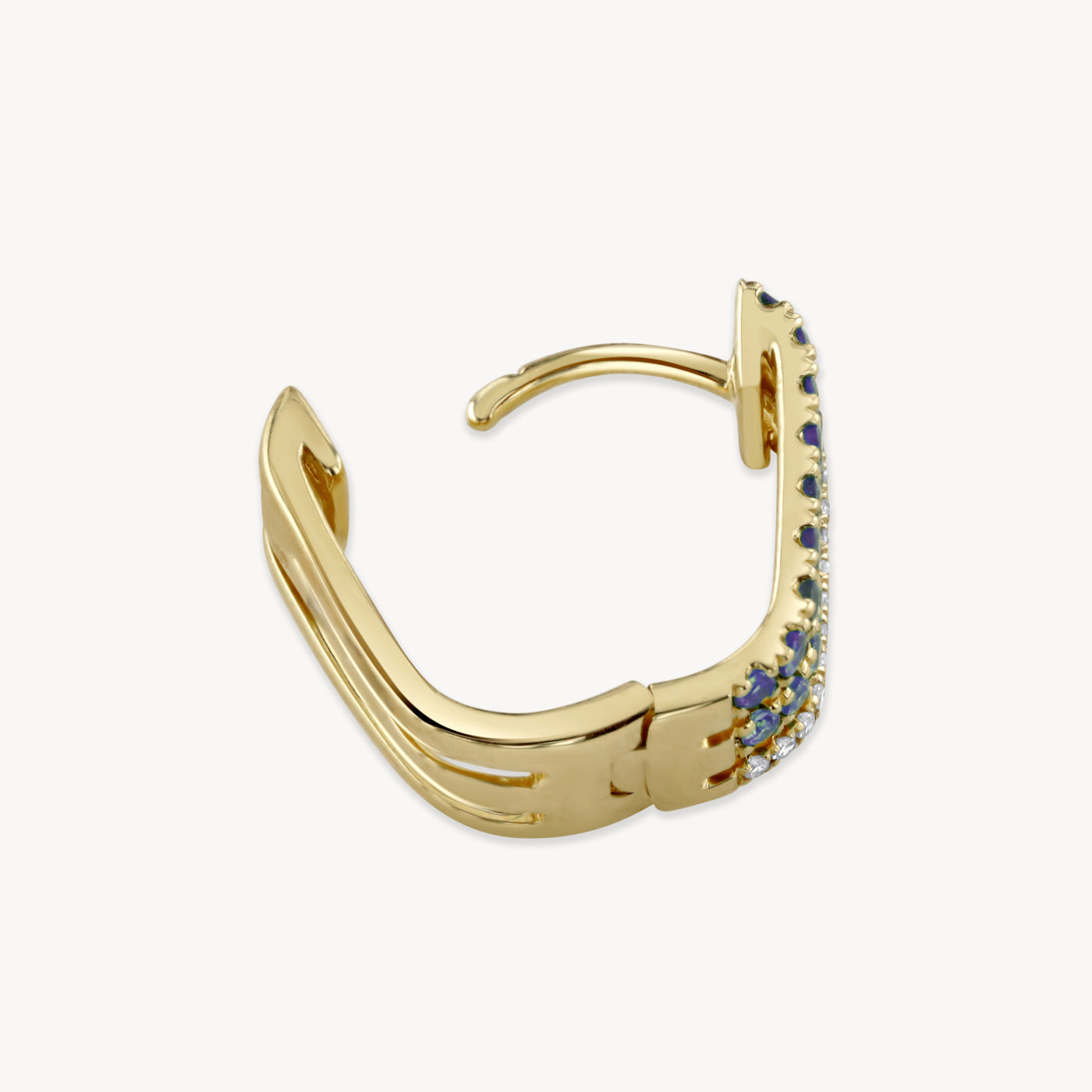 Triple Diamond & Blue Sapphire Row Hoop Earring