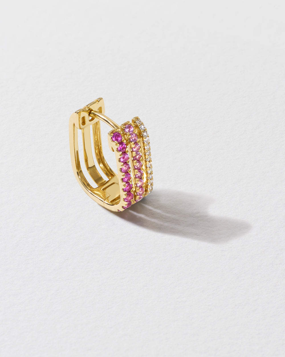 Triple Diamond & Pink Sapphire Row Hoop Earring