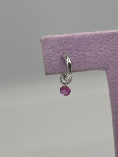 Pink Sapphire Drop Earring Charm on Chubby Hoop Earring in White Gold