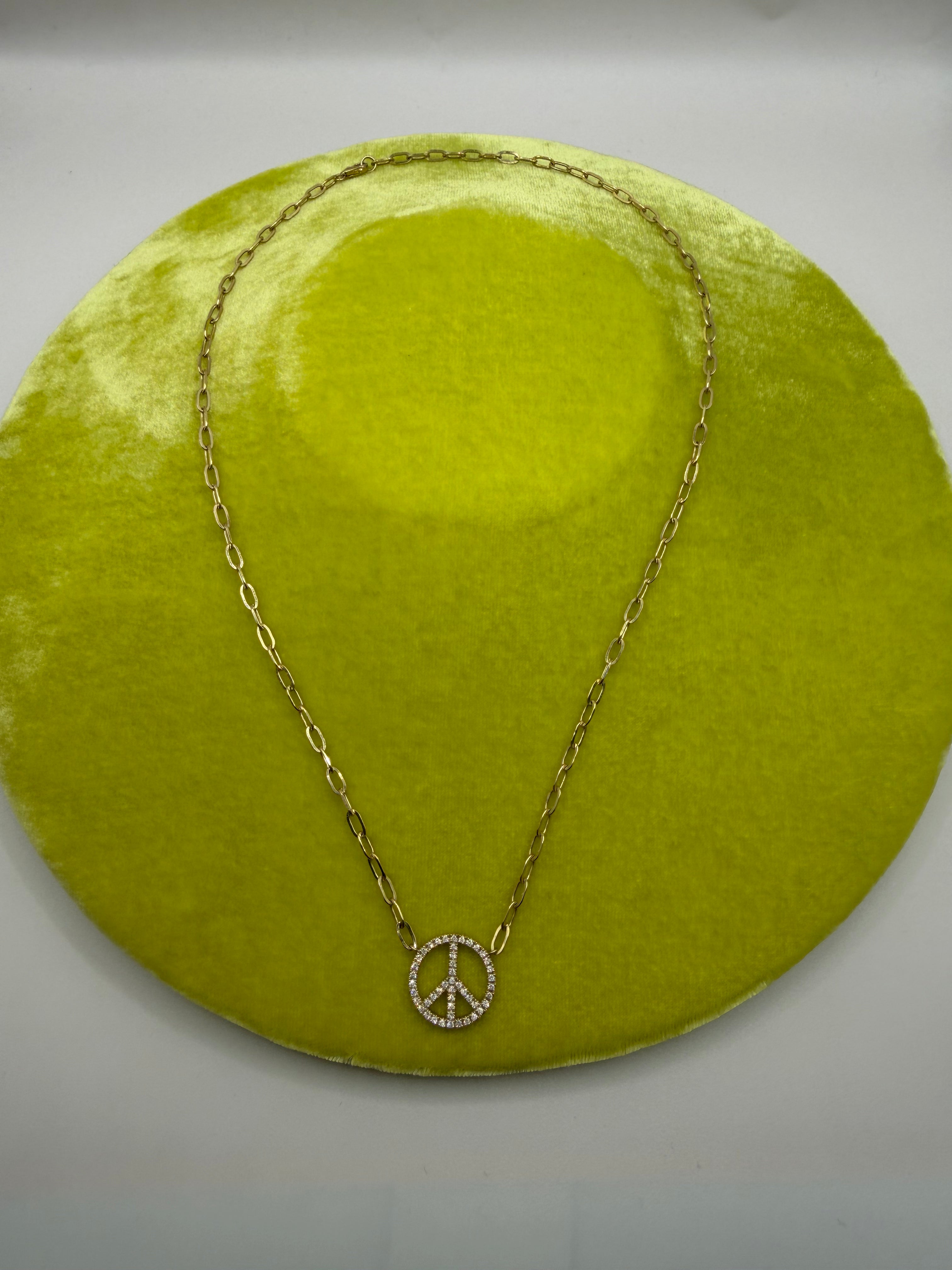 Diamond Peace Sign Paper Link Chain Necklace