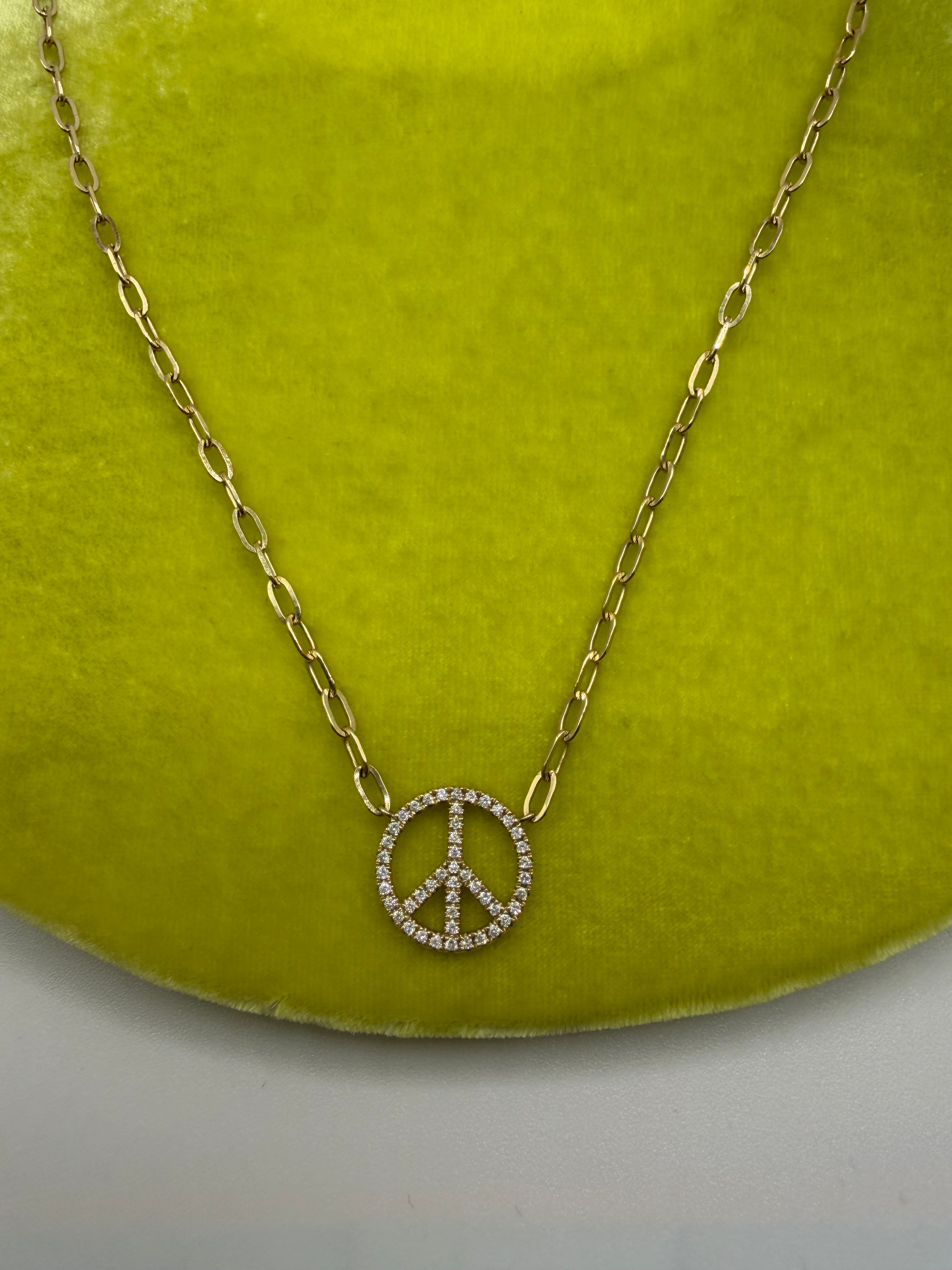 Diamond Peace Sign Paper Link Chain Necklace
