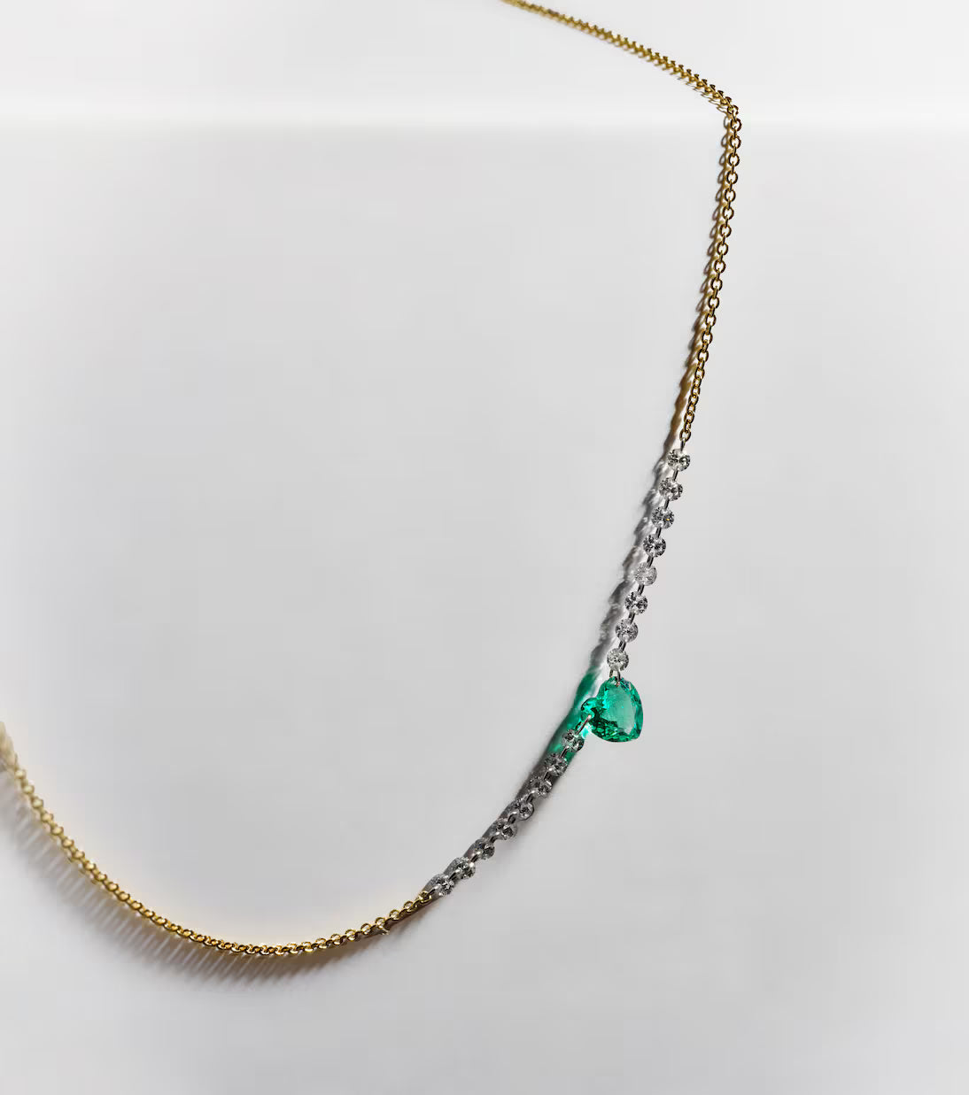 Drilled Diamond and Emerald Heart Necklace