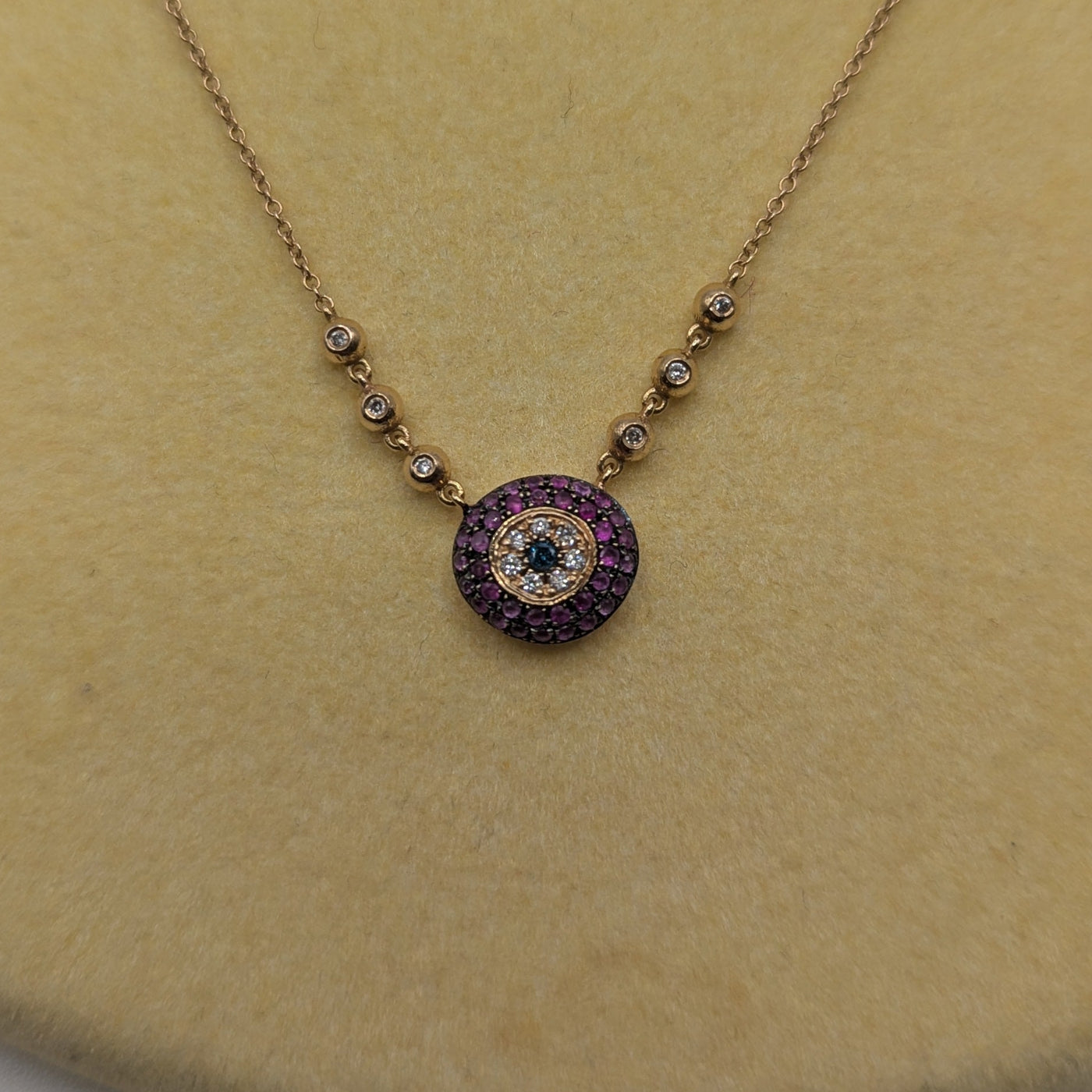 Pink Sapphire & Diamond Evil Eye Necklace in Rose Gold