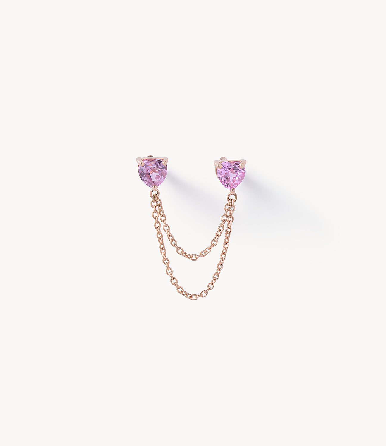 Double Pink Sapphire Heart Stud Earrings with Chain
