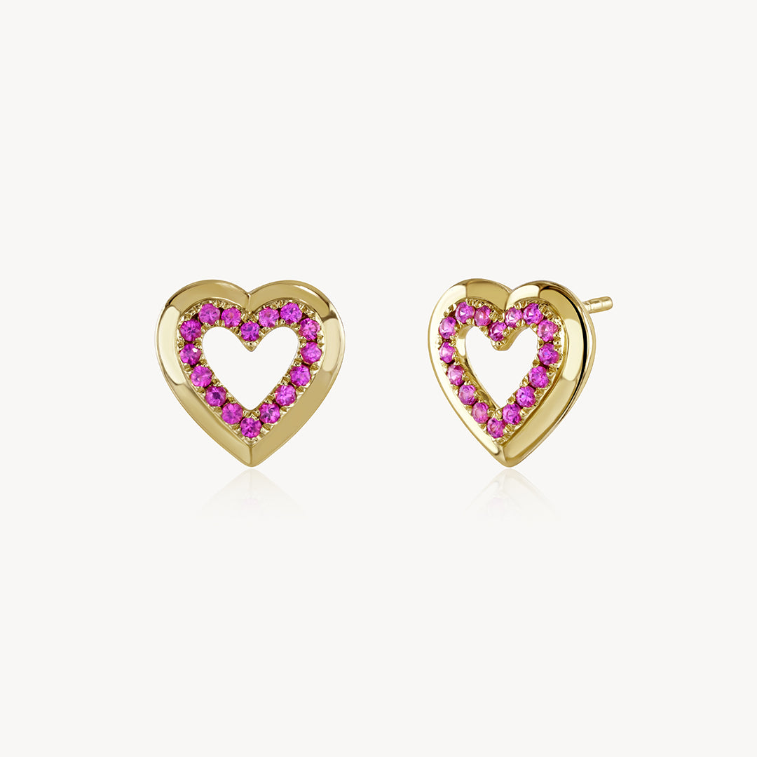 Pink Sapphire Heart Stud Earrings