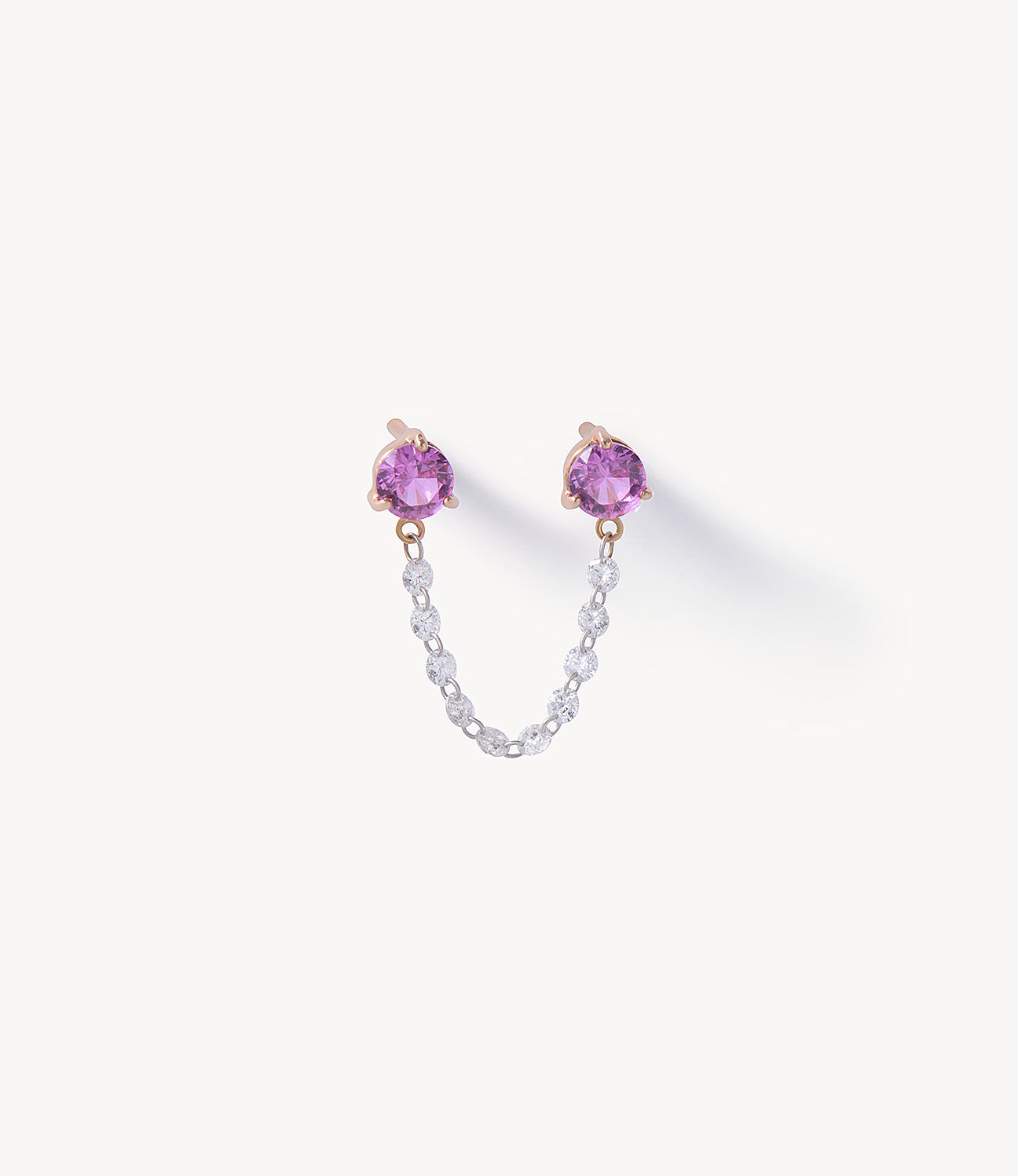 Double Pink Sapphire Stud Earrings with Drilled Diamond Chain