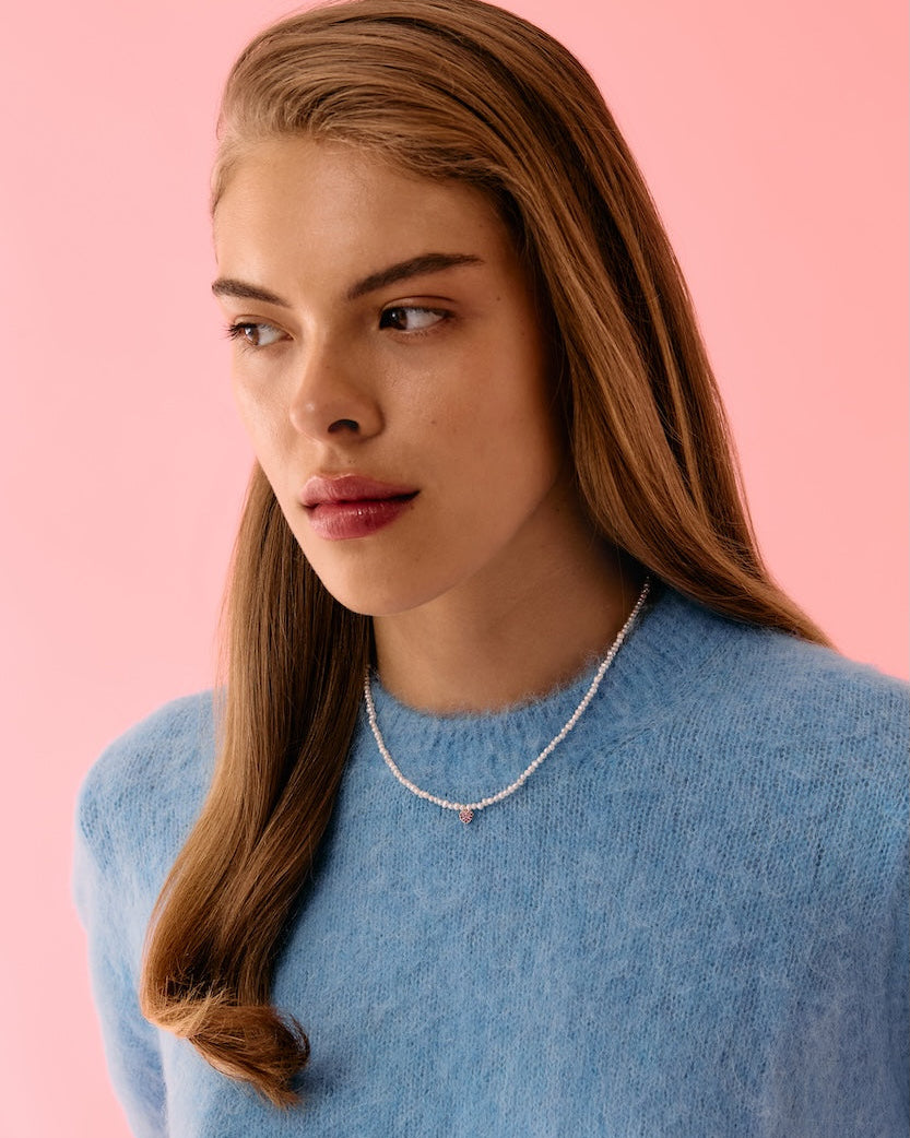 Baby Potato Pearl & Pink Sapphire Heart Beaded Necklace