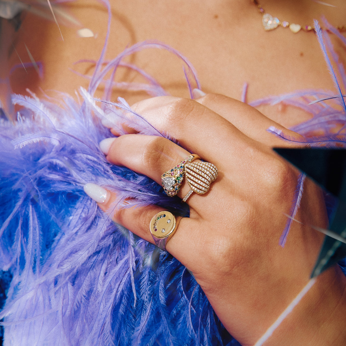 Rainbow Sapphire & Diamond Puffy Heart Ring