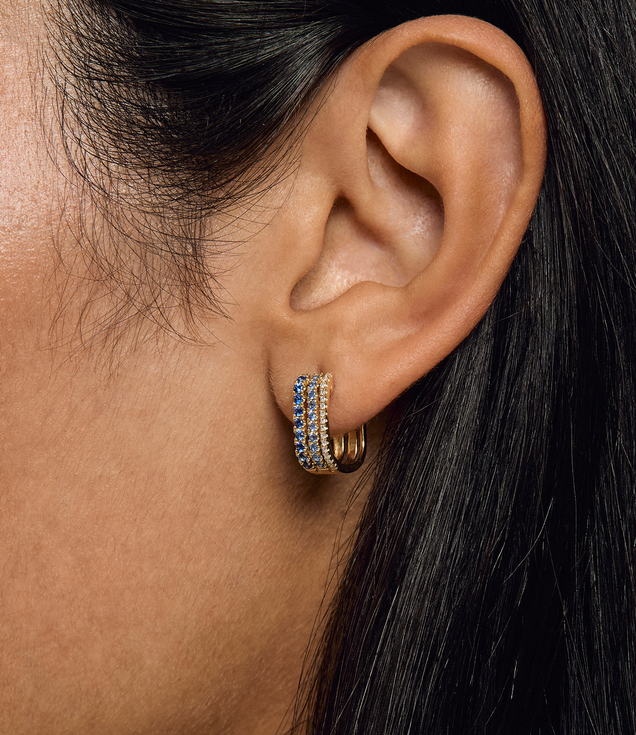 Triple Diamond & Blue Sapphire Row Hoop Earring