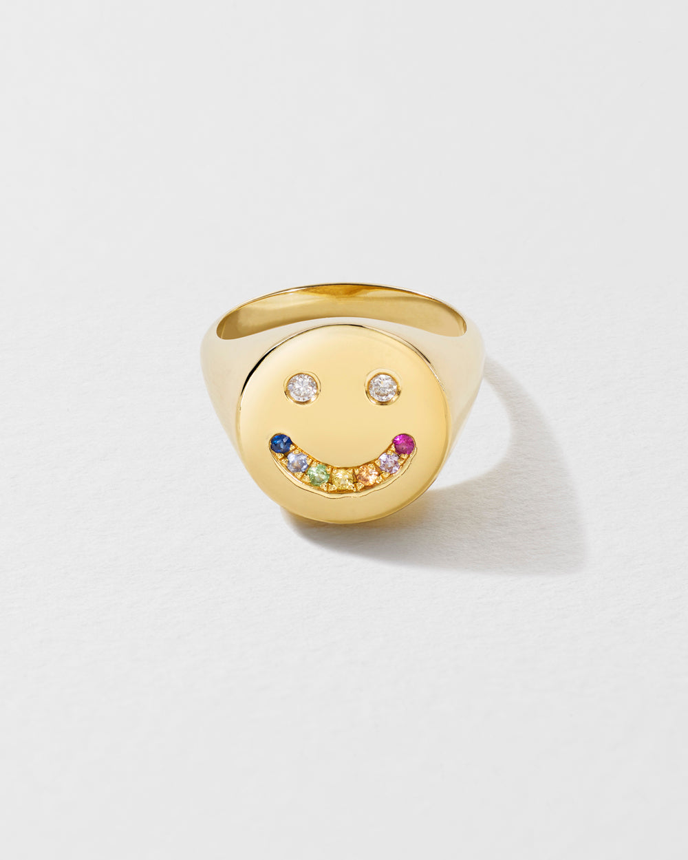 Gold Ring Happy Face Ring Rainbow Sapphire Diamond Happy Signet