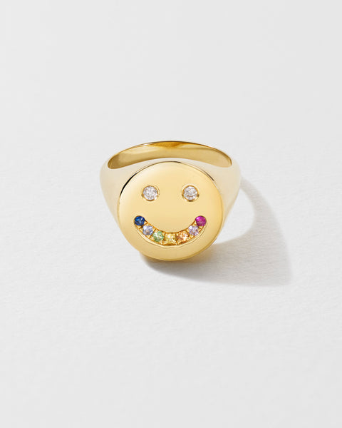 Rainbow Sapphire & Diamond Happy Signet Ring | 14k Gold