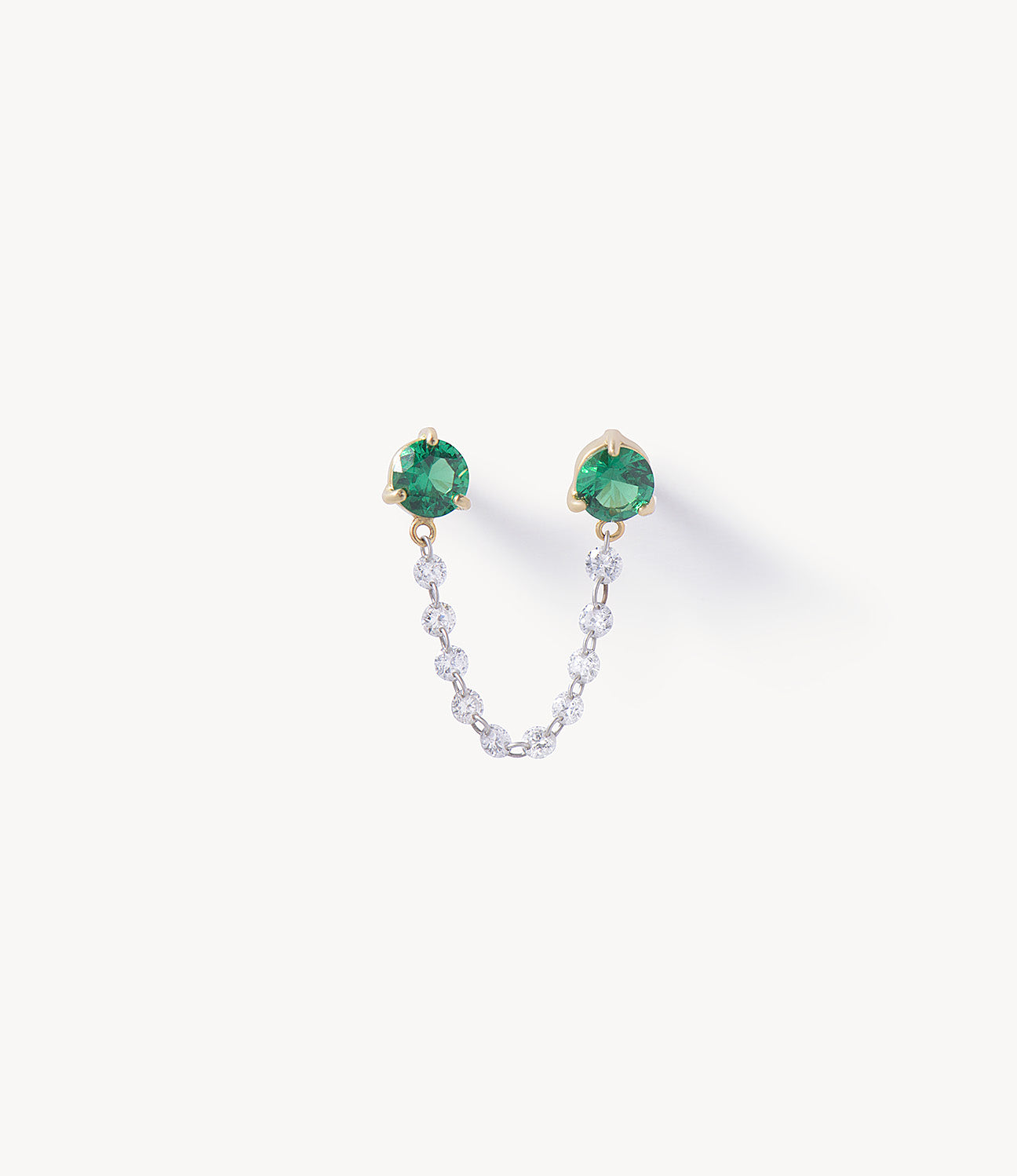 Double Emerald Stud Earrings with Drilled Diamond Chain