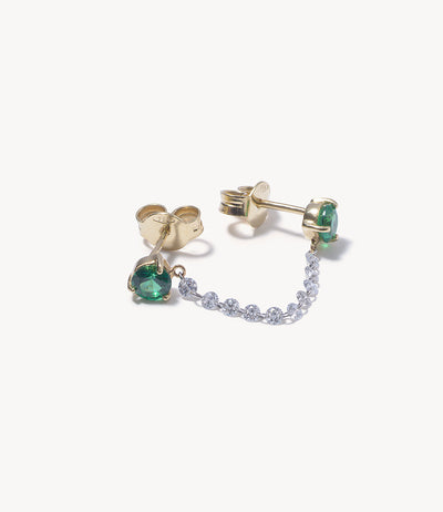 Double Emerald Stud Earrings with Drilled Diamond Chain