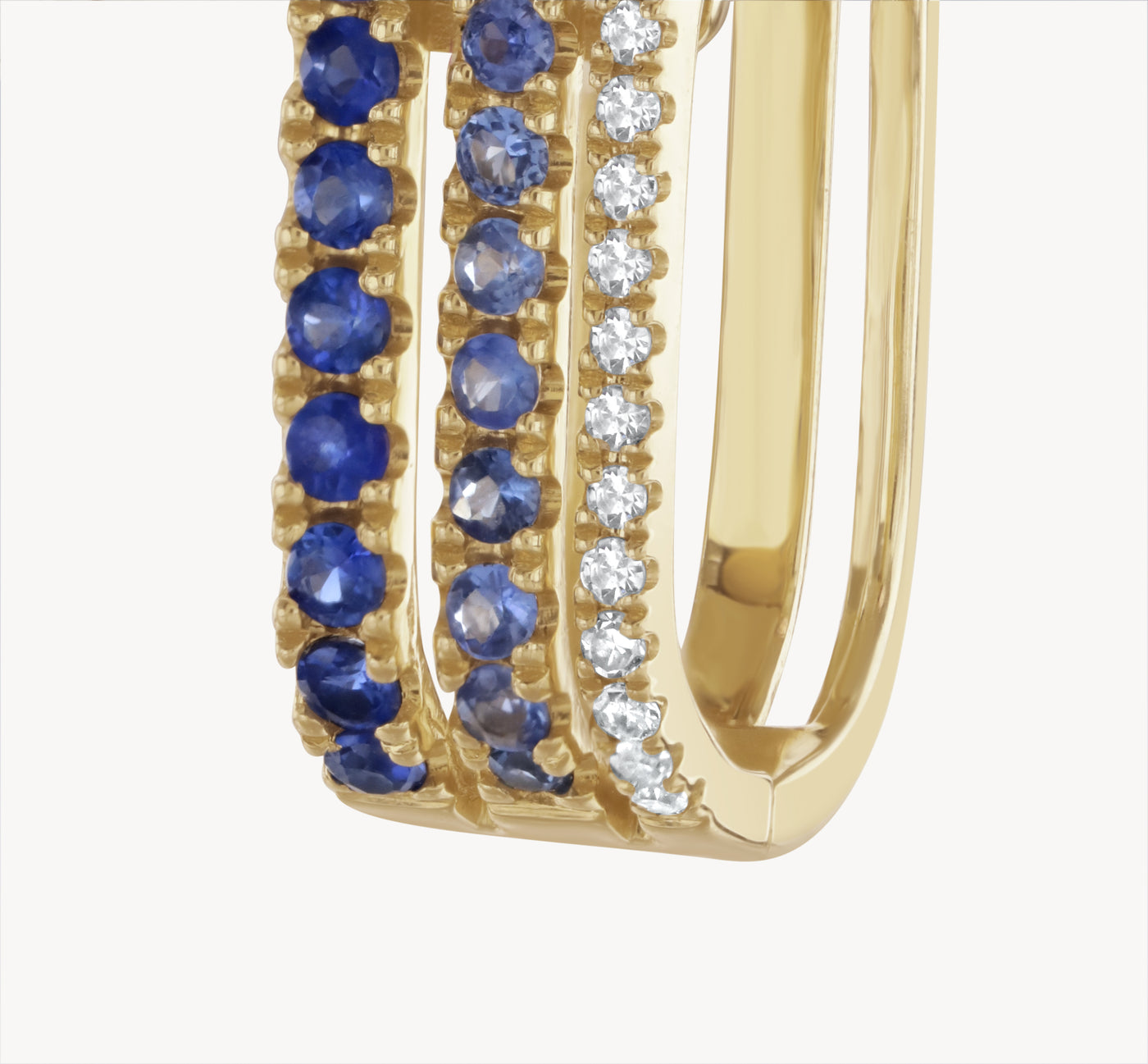 Triple Diamond & Blue Sapphire Row Hoop Earring