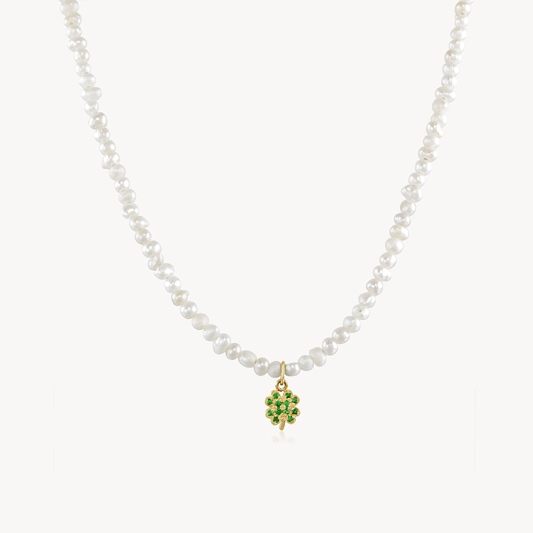 Tsavorite Clover & Baby Potato Pearl Beaded Necklace