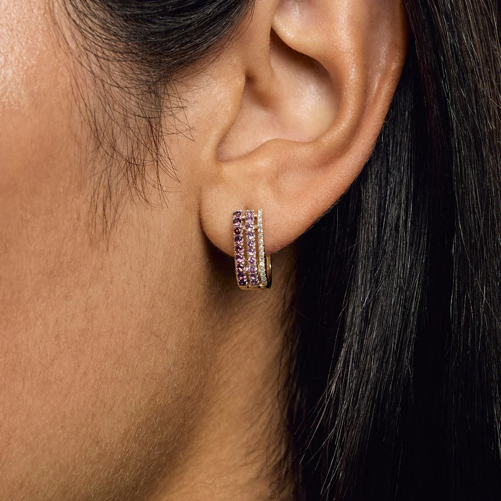 Triple Diamond & Pink Sapphire Row Hoop Earring