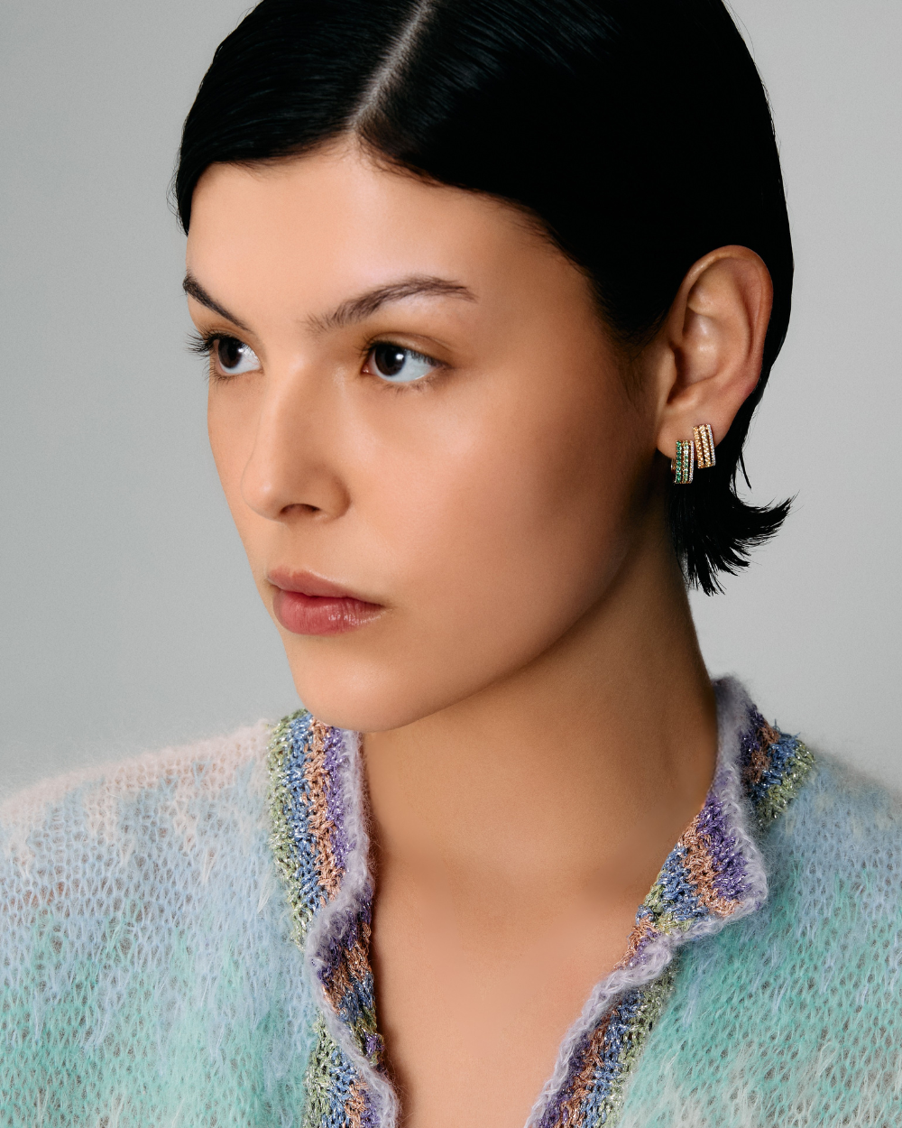 Triple Diamond & Green Garnet Row Hoop Earring