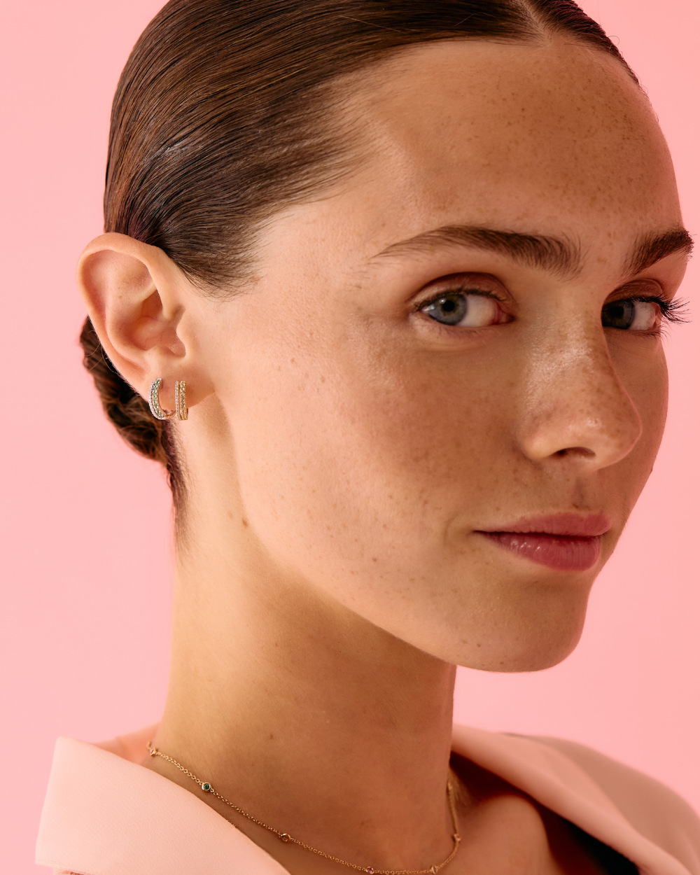 Double Diamond & Yellow Sapphire Row Hoop Earring