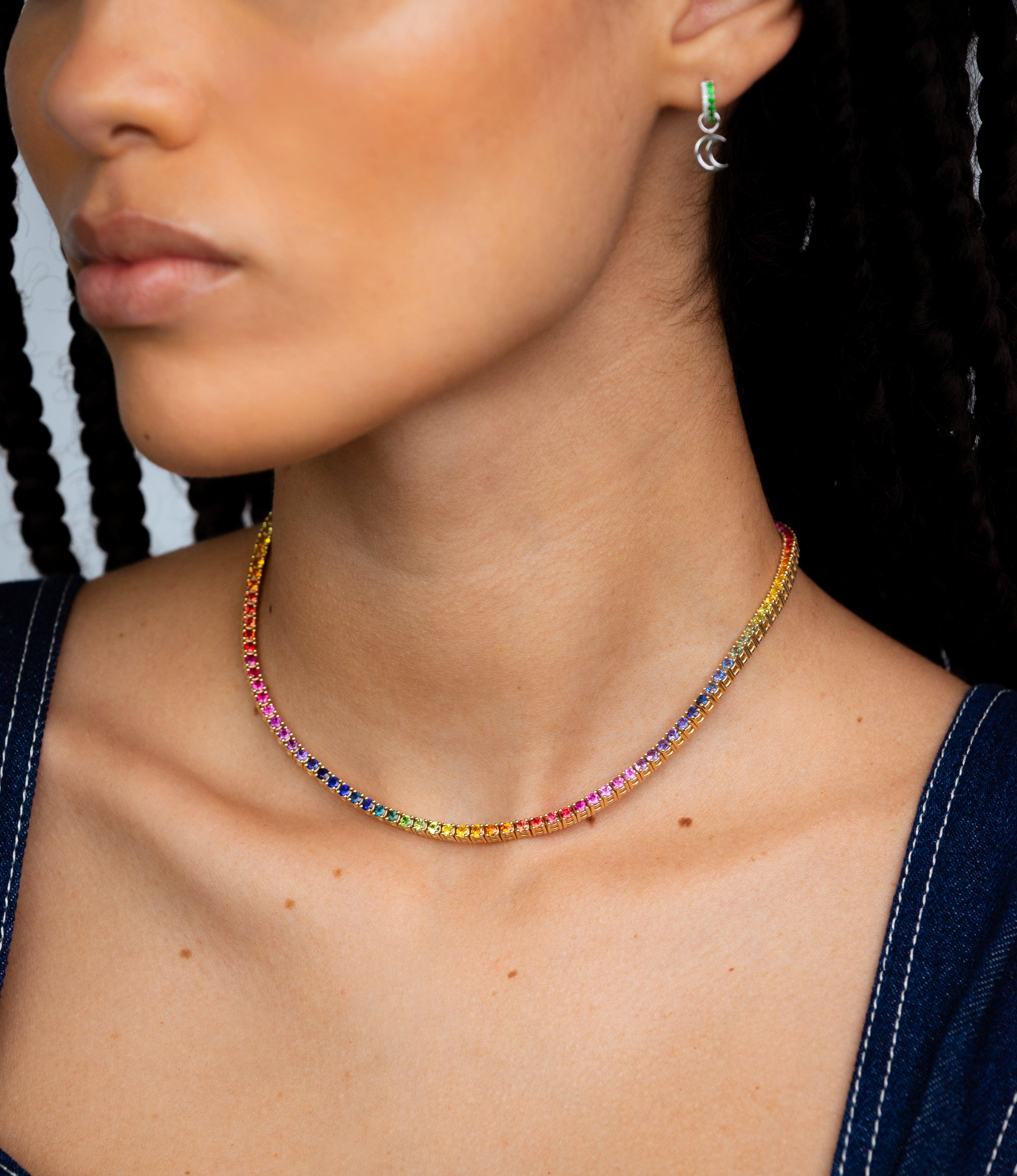 Eternity Asymmetric Drop Sapphire and Diamond CZ Rhodium plated Silver Tennis  Necklace | Jian London